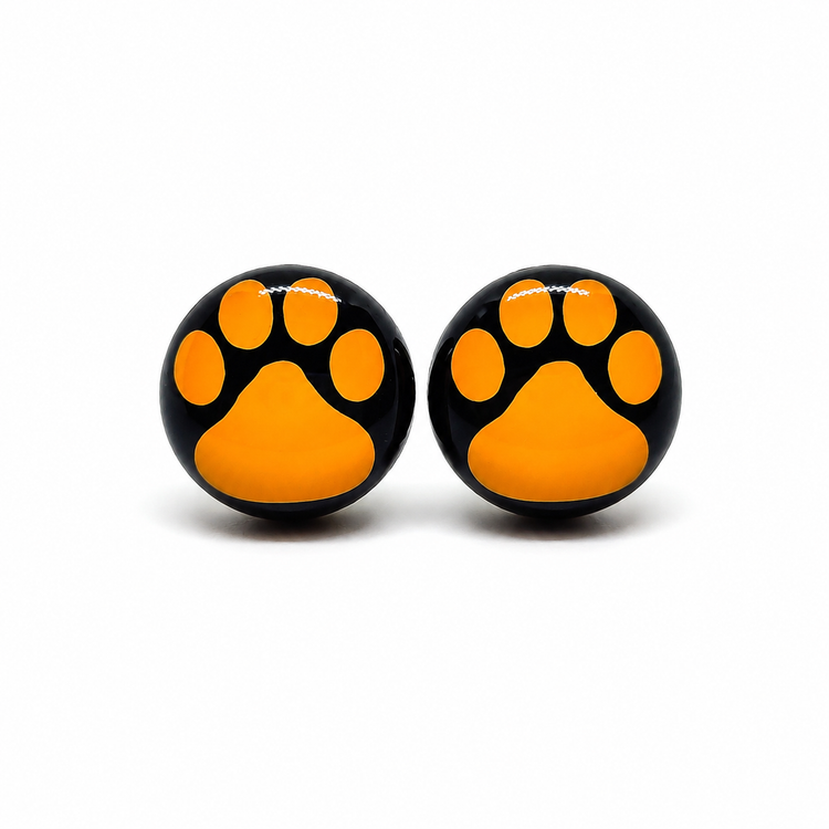 Orange and Black Paw Print Stud Earrings by Candi Cove Designs