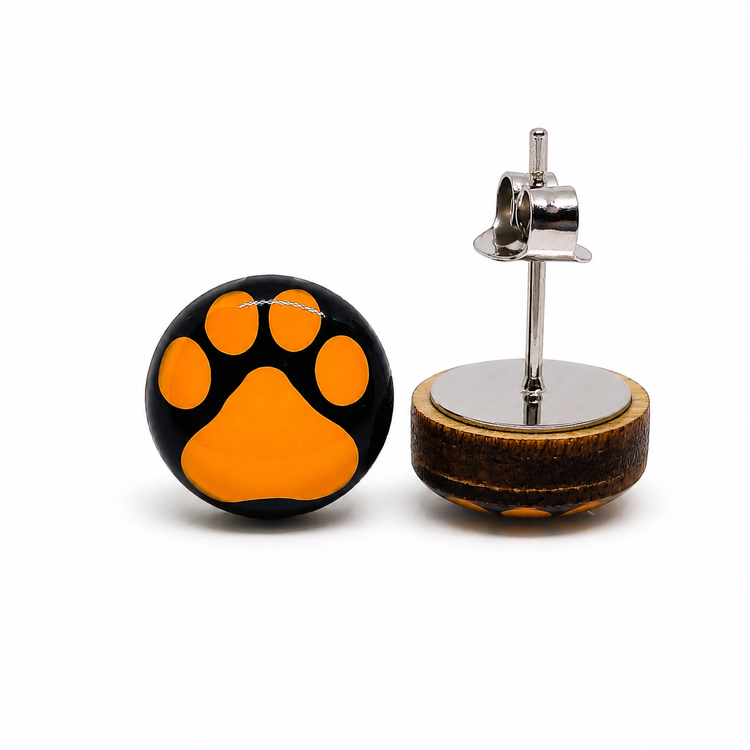 Orange and Black Paw Print Stud Earrings by Candi Cove Designs