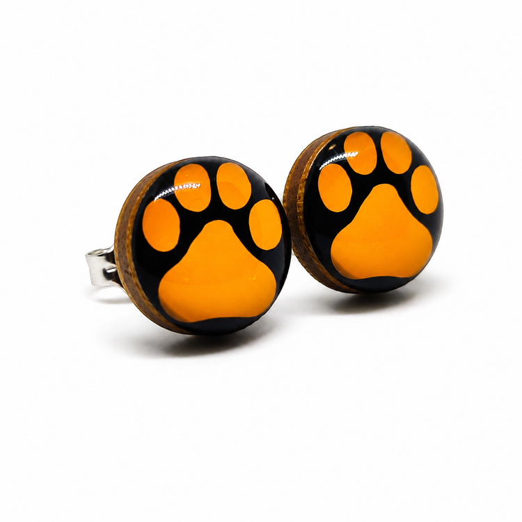 Orange and Black Paw Print Stud Earrings by Candi Cove Designs