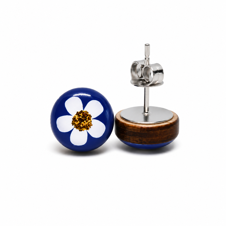 White Flower, Gold Sparkle, and Navy Blue Vibrant Studs Earrings by Candi Cove Designs