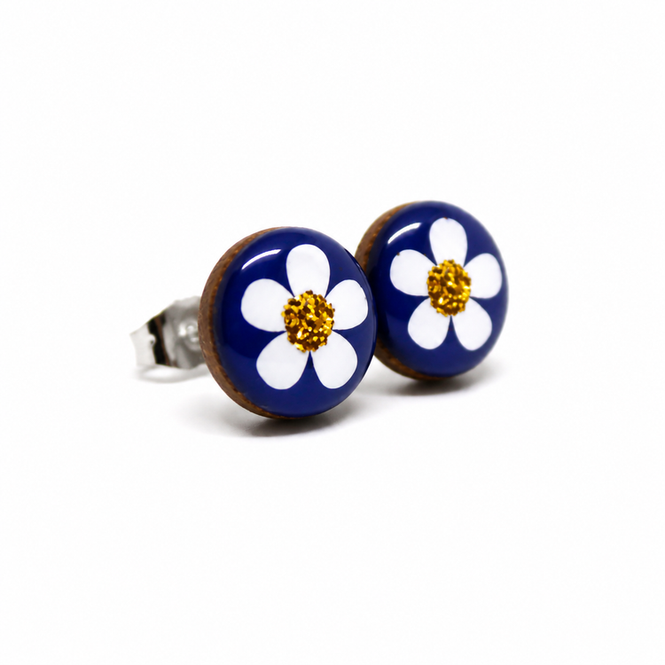 White Flower, Gold Sparkle, and Navy Blue Vibrant Studs Earrings by Candi Cove Designs