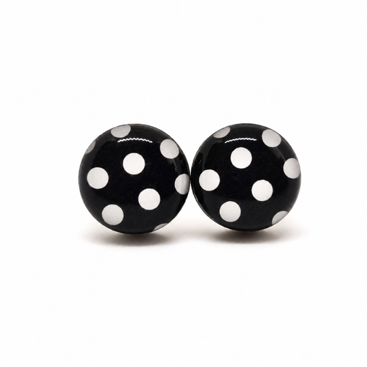 Black and White Polka Dots Stud Earrings by Candi Cove Designs