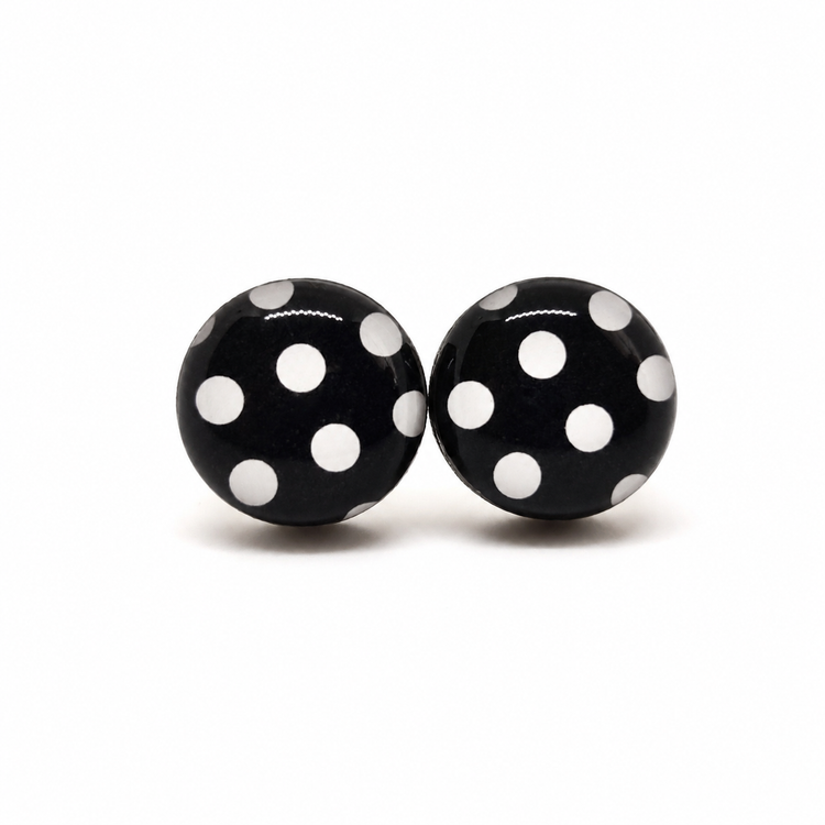 Black and White Polka Dots Stud Earrings by Candi Cove Designs