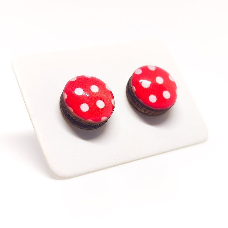 Red and White Polka Dot Stud Earrings by Candi Cove Designs