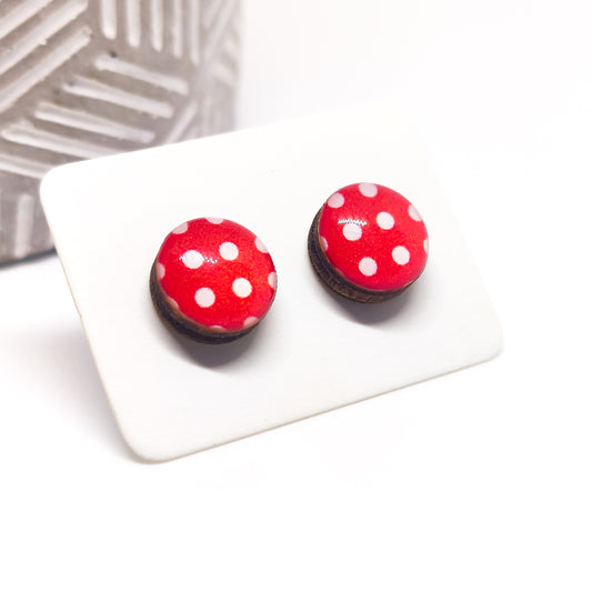 Red and White Polka Dot Stud Earrings by Candi Cove Designs