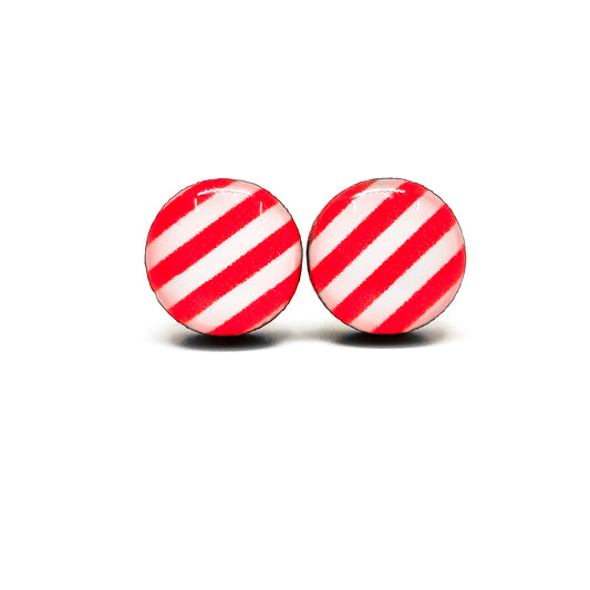 Red and White Candy Cane Stripes Stud Earrings by Candi Cove Designs