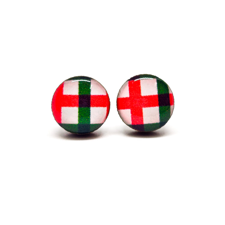 Red and Green Plaid Stud Earrings by Candi Cove Designs