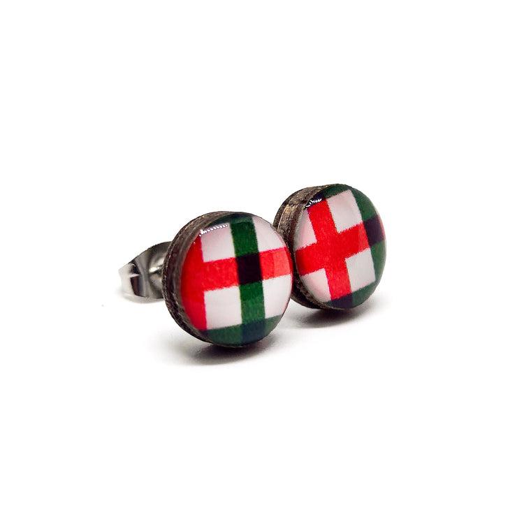 Red and Green Plaid Stud Earrings by Candi Cove Designs