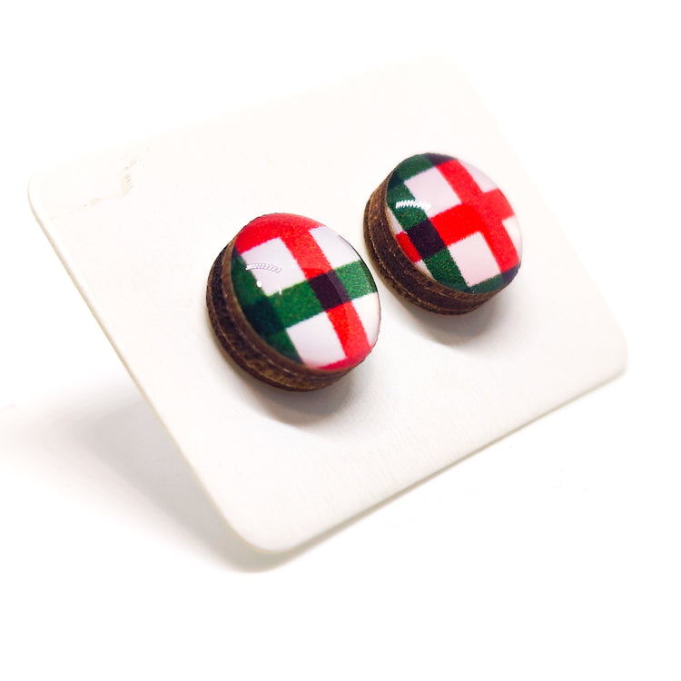 Red and Green Plaid Stud Earrings by Candi Cove Designs