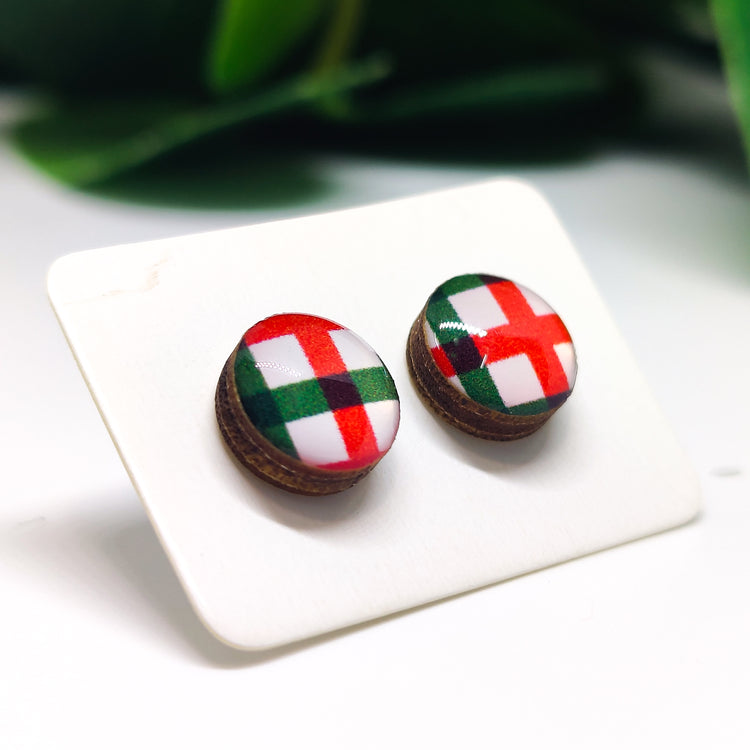 Red and Green Plaid Stud Earrings by Candi Cove Designs