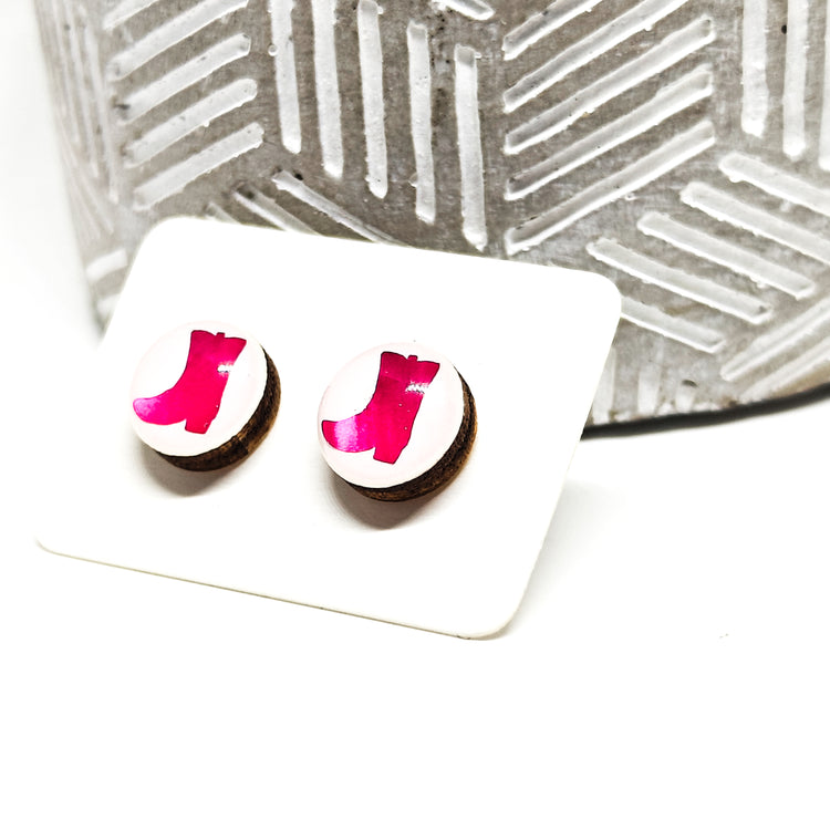 Hot Pink Cowgirl Boot Shimmer Vibrant Studs Earrings by Candi Cove Designs
