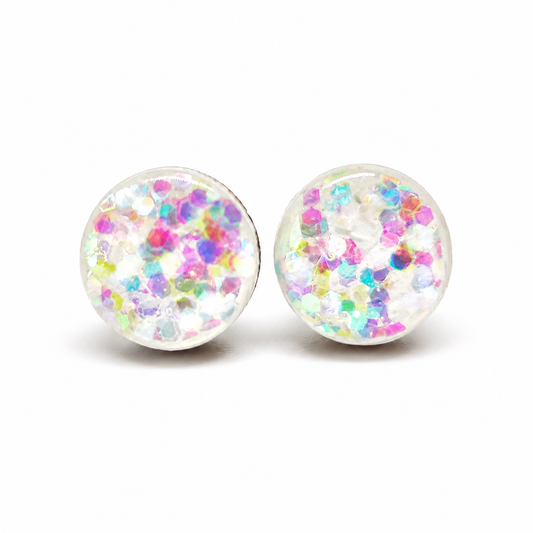 Pair of round earrings with colorful confetti-like design on a white background