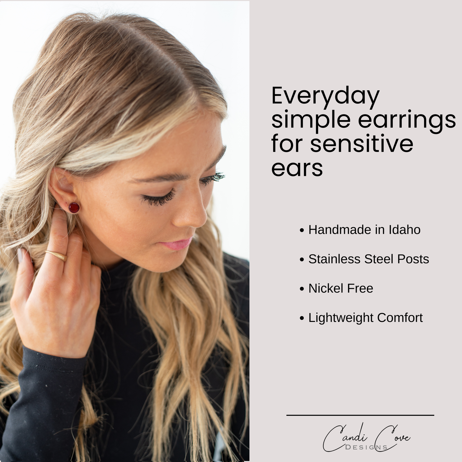 Woman wearing earrings with product description on the side
