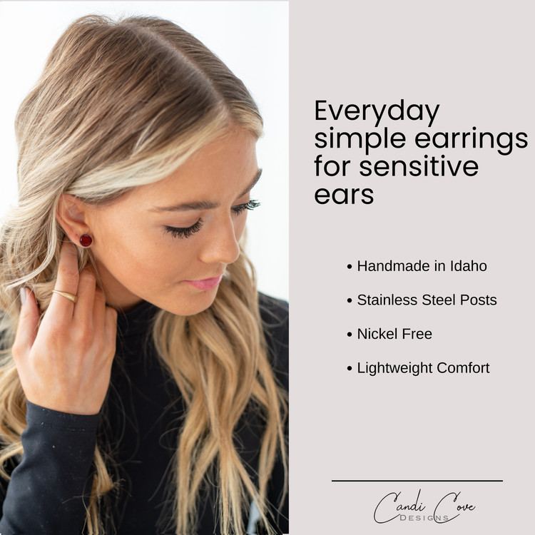 Woman wearing earrings with product description on the side
