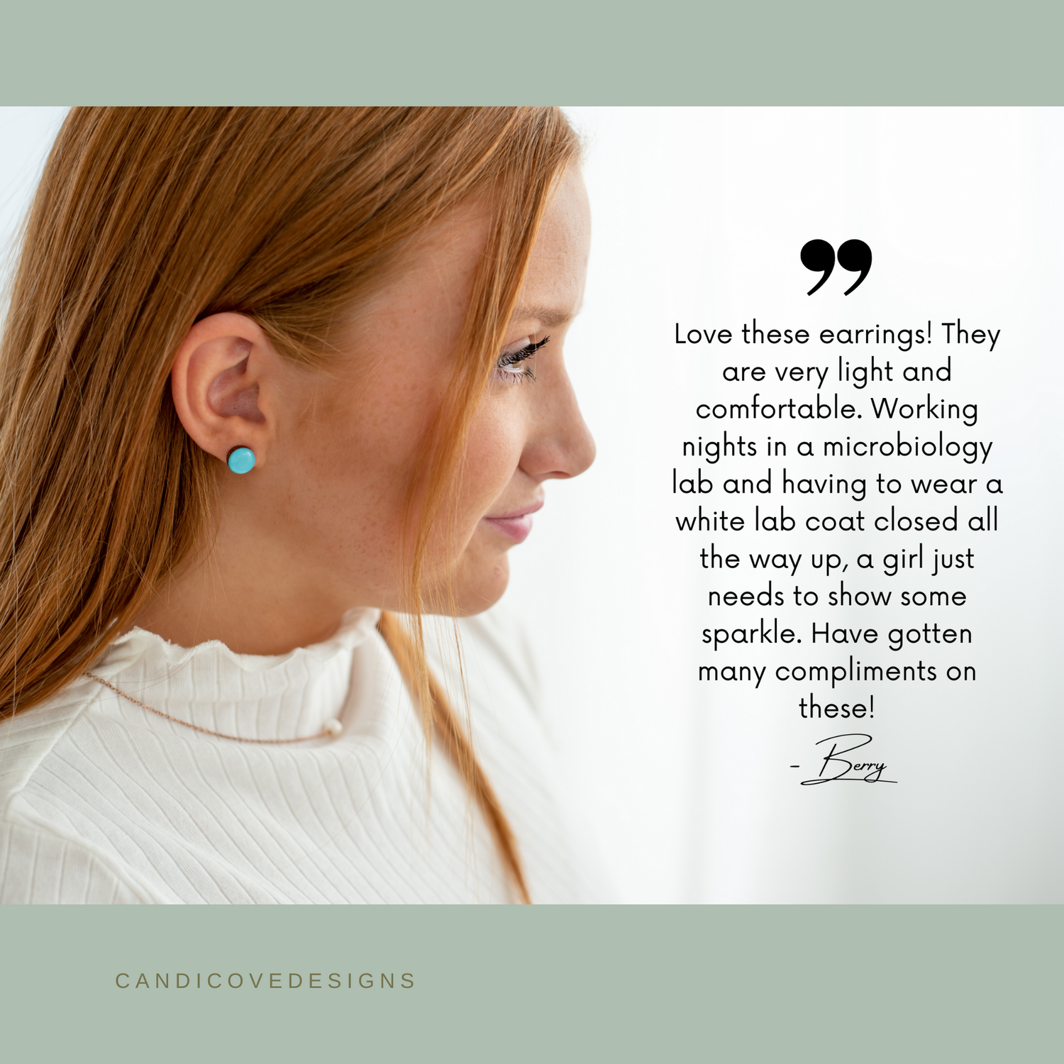 Candi Cove Designs Everyday Simple Stud Earrings Review: Teal Color Dot Earrings, Ideal for Sensitive Ears and Perfect for Adding a Pop of Color to Your Look, Modeled on a Red-Haired Woman for a Realistic Representation