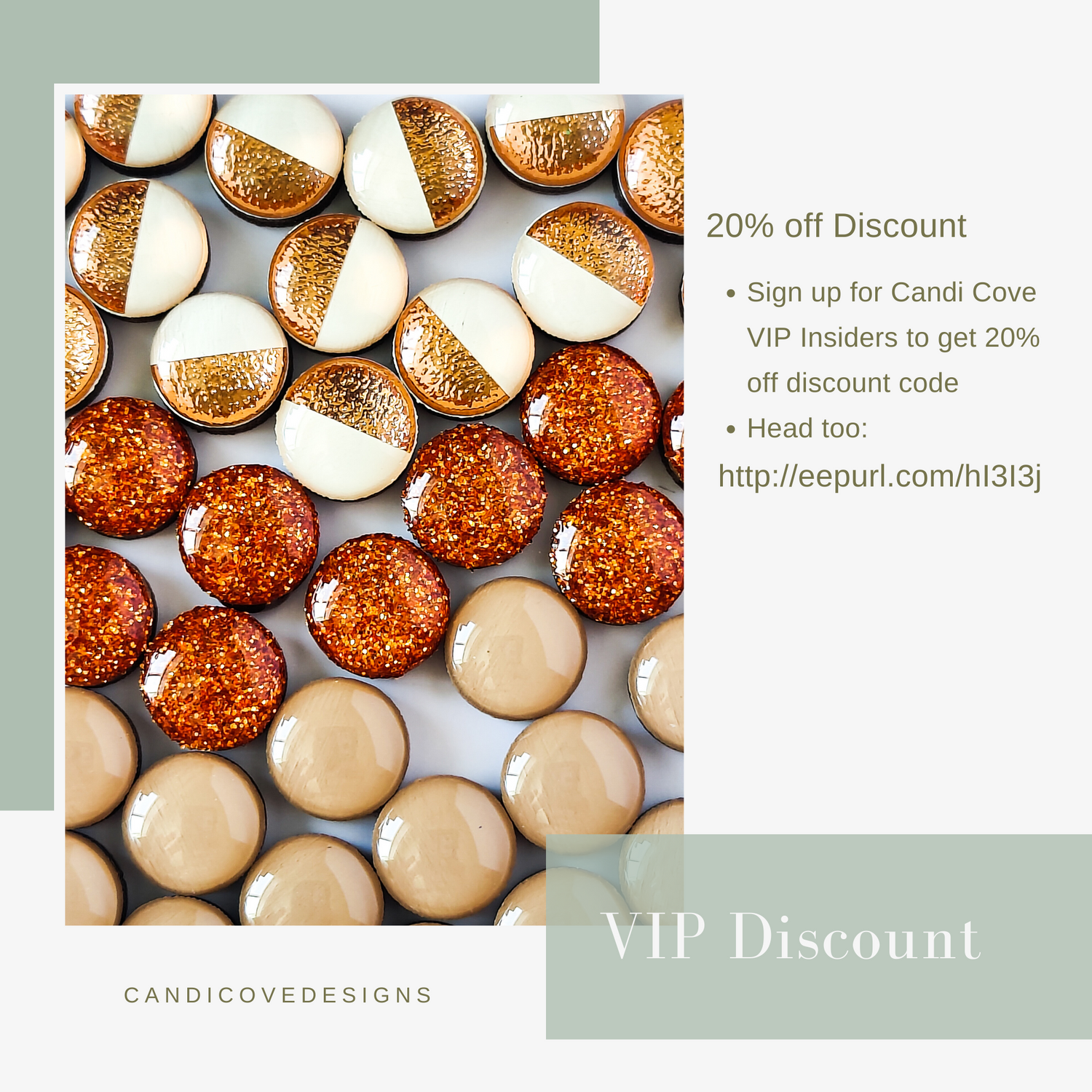 vip discount for candi cove designs stud earrings. 20 percent off discount if you sign up for candi cove designs vip insiders head to http://eepurl.com/hl3l3j terracotta sparkle studs, ivory and rose gold hammered metal studs and driftwood studs