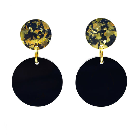 Boho Black and Gold Sparkle Double Circle Drop Earrings