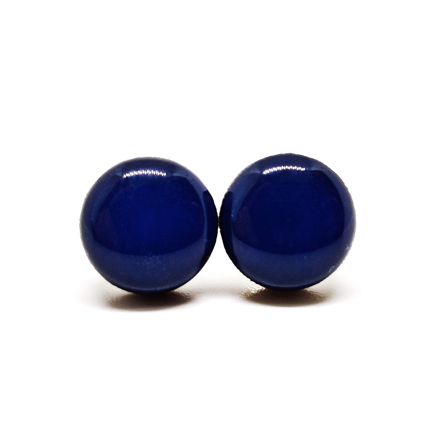 Navy blue stud earrings 10 mm stainless steel posts for sensitive ears, candi cove designs, navy blue earrings for women, navy earrings for women, navy blue earrings, blue stud earrings, navy earrings, dark blue stud earrings, lapis lazuli earrings, blue post earrings for women, large blue stud earrings for women, navy blue ball stud earrings, hypoallergenic earrings, denim blue studs, big blue stud earrings, large blue stud earrings, small blue earrings for women, navy blue button earrings for women