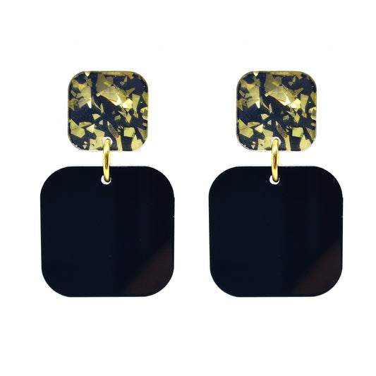 Boho Black and Gold Sparkle Double Square Drop Earrings