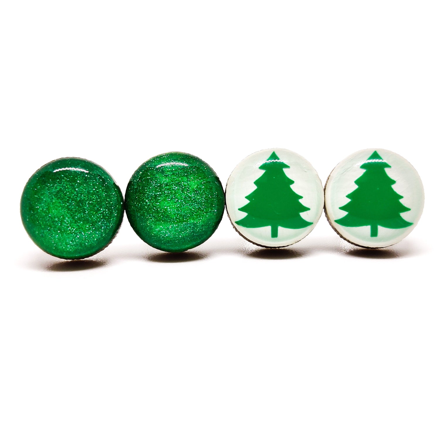 Set of 2 Stud Earrings, Christmas Tree, Green Shimmer, 10 mm, Handmade, Stainless Steel Posts for Sensitive Ears - Candi Cove Designs 