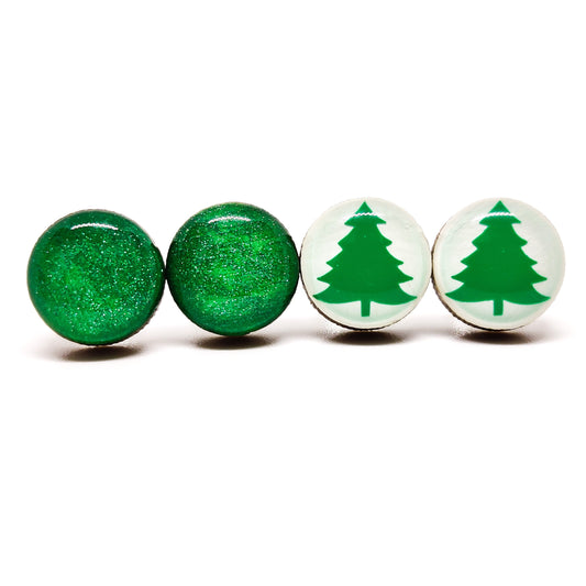 Set of 2 Stud Earrings, Christmas Tree, Green Shimmer, 10 mm, Handmade, Stainless Steel Posts for Sensitive Ears - Candi Cove Designs 