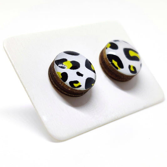 Stud Earrings, Black and Gold Cheetah, 10 mm, Handmade, Stainless Steel Posts for Sensitive Ears - Candi Cove Designs 