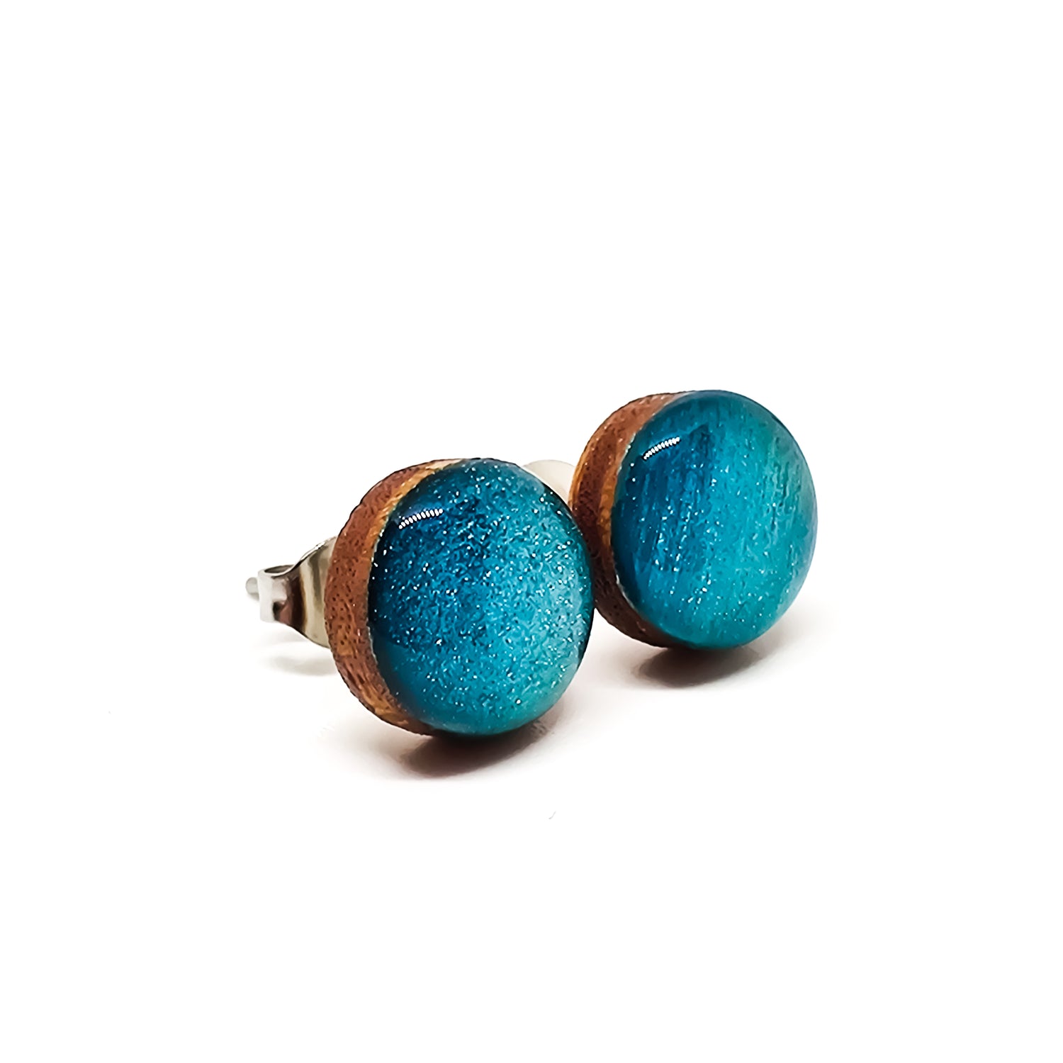 Turquoise Shimmer 10 mm  Stud Earrings, Handmade, Stainless Steel Posts for Sensitive Ears - Candi Cove Designs 