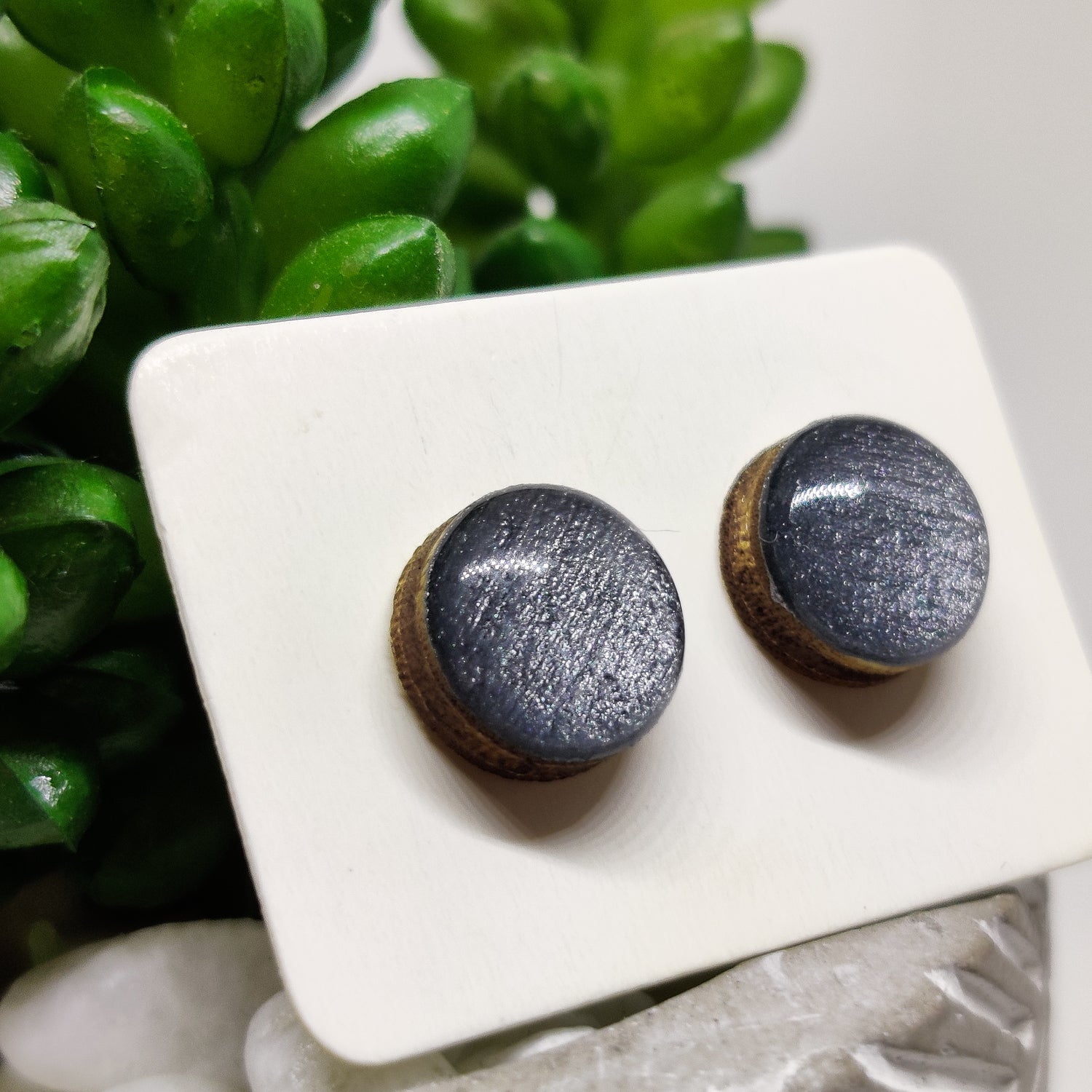 Gunmetal Grey Shimmer Stud Earrings 10 mm, Handmade, Stainless Steel Posts for Sensitive Ears - Candi Cove Designs 