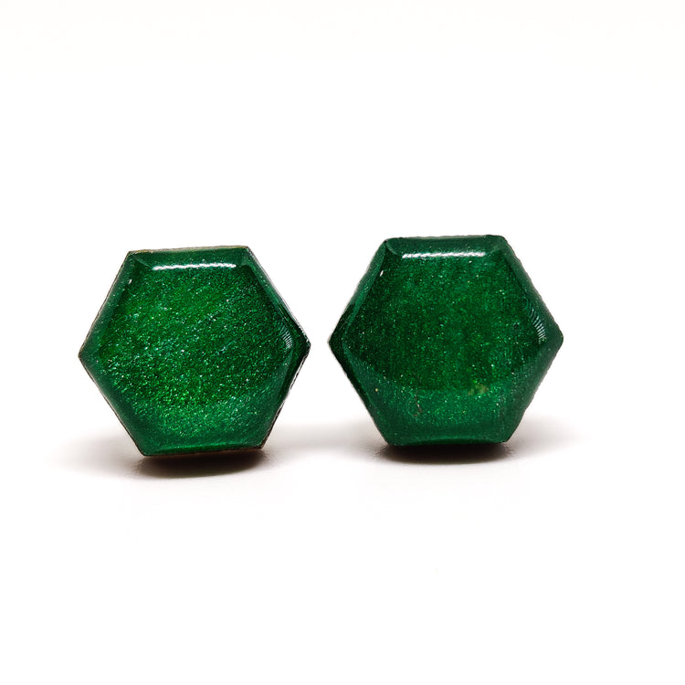 Emerald Green Shimmer Hexagon Stud Earrings 10 mm, Handmade, Stainless Steel Posts for Sensitive Ears - Candi Cove Designs 