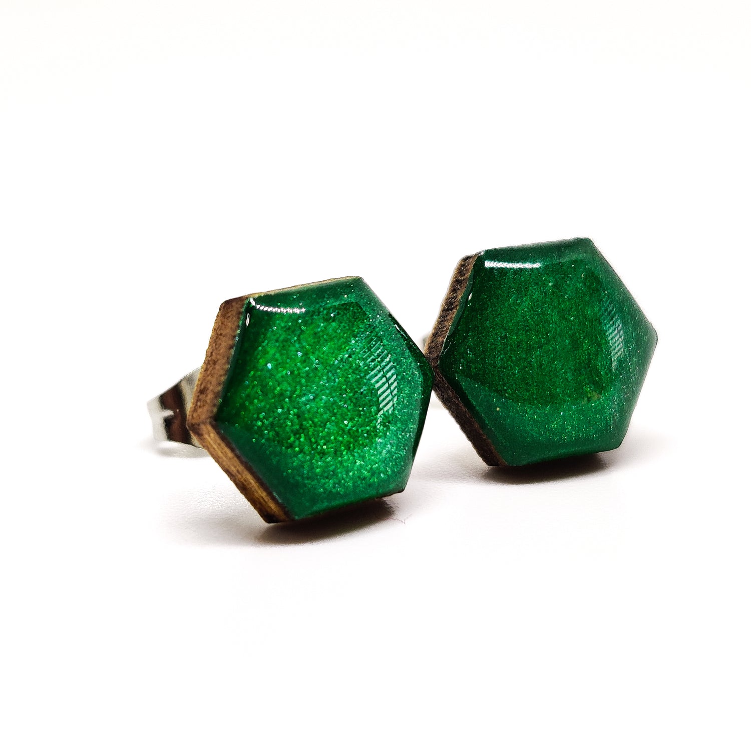 Emerald Green Shimmer Hexagon Stud Earrings 10 mm, Handmade, Stainless Steel Posts for Sensitive Ears - Candi Cove Designs 