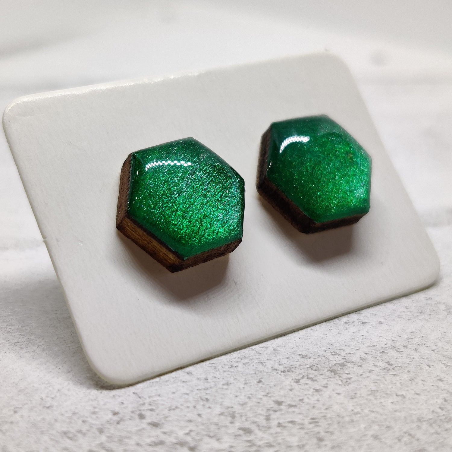 Emerald Green Shimmer Hexagon Stud Earrings 10 mm, Handmade, Stainless Steel Posts for Sensitive Ears - Candi Cove Designs 