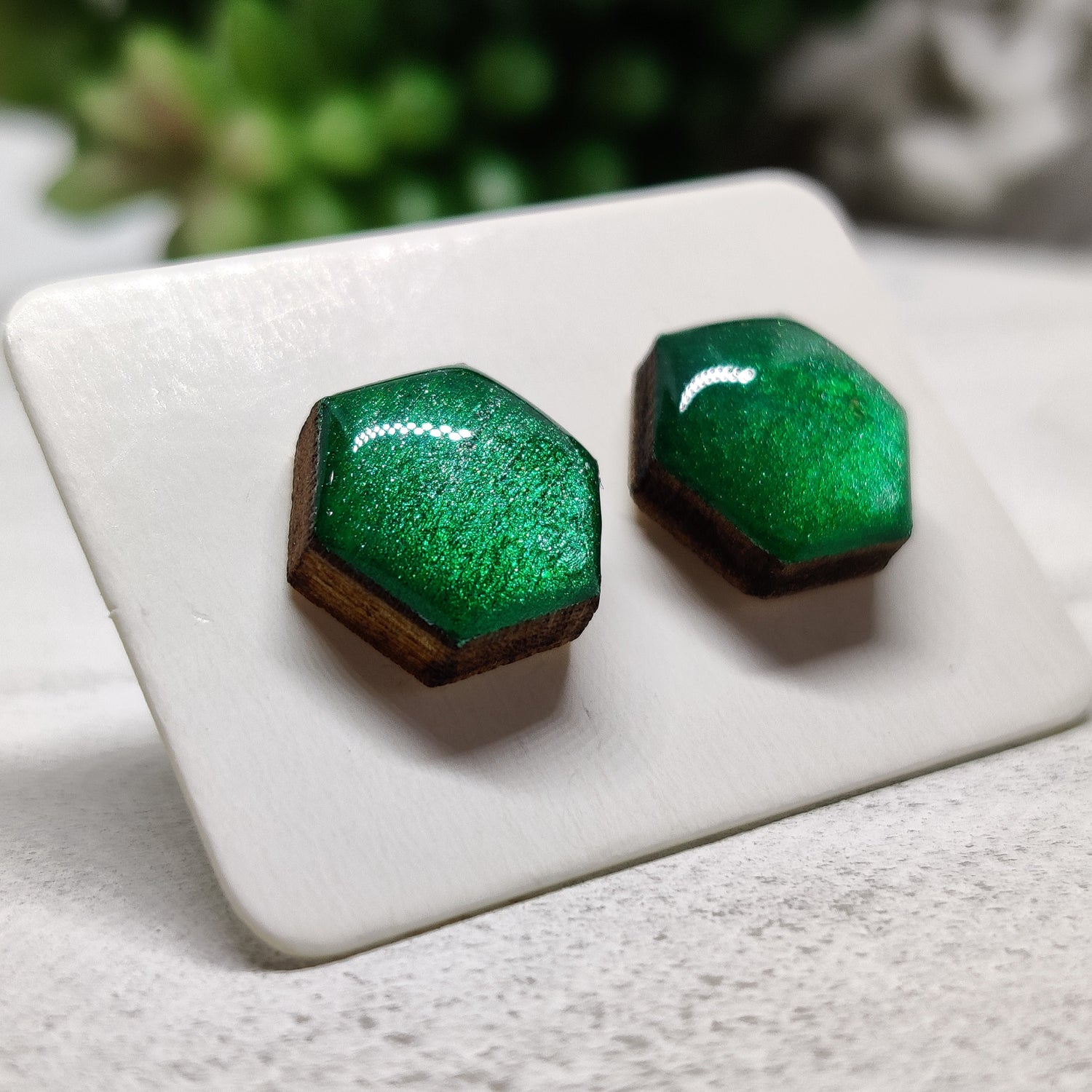 Emerald Green Shimmer Hexagon Stud Earrings 10 mm, Handmade, Stainless Steel Posts for Sensitive Ears - Candi Cove Designs 