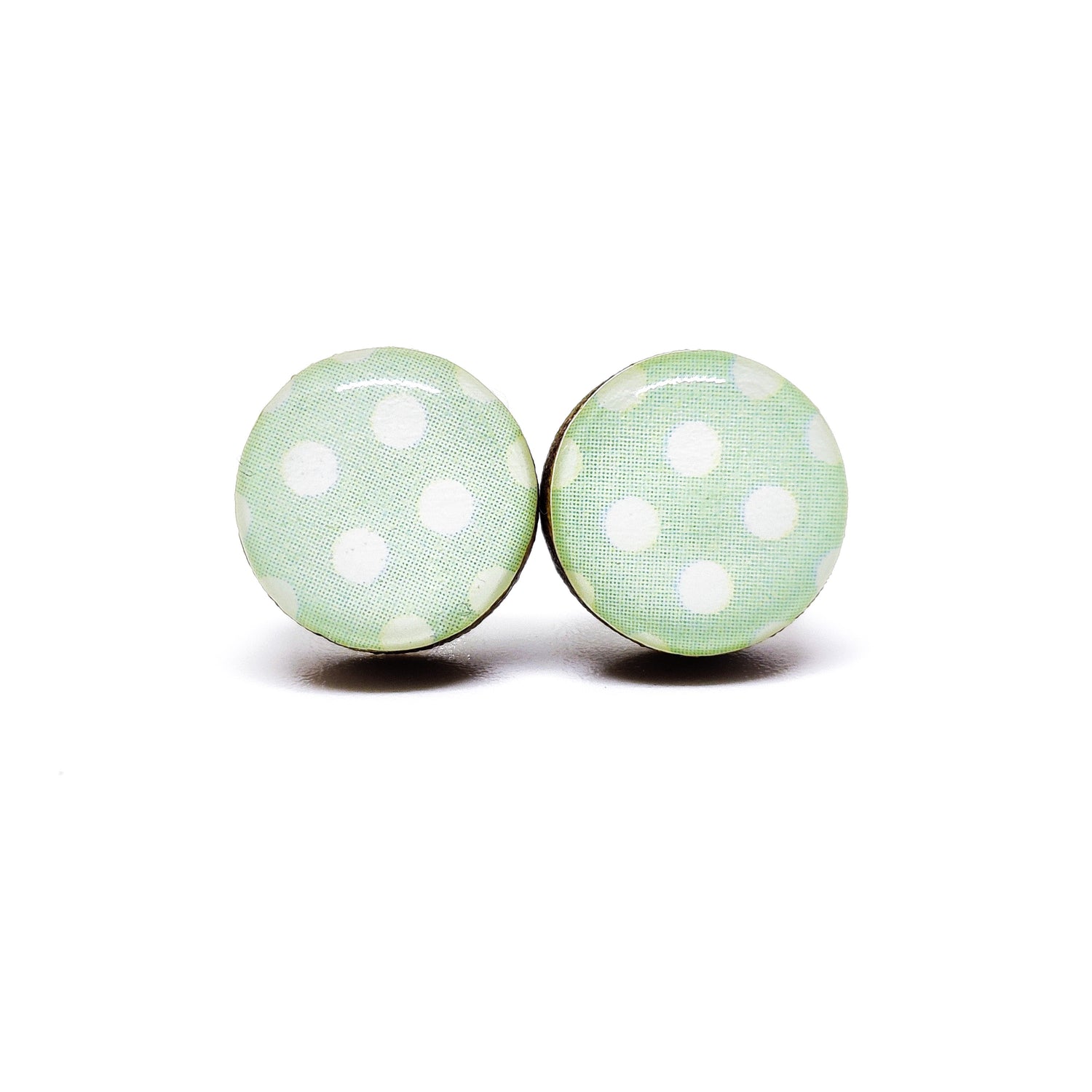 Stud Earrings, Light Mint and White Polka Dot, 10 mm, Handmade, Stainless Steel Posts for Sensitive Ears - Candi Cove Designs 