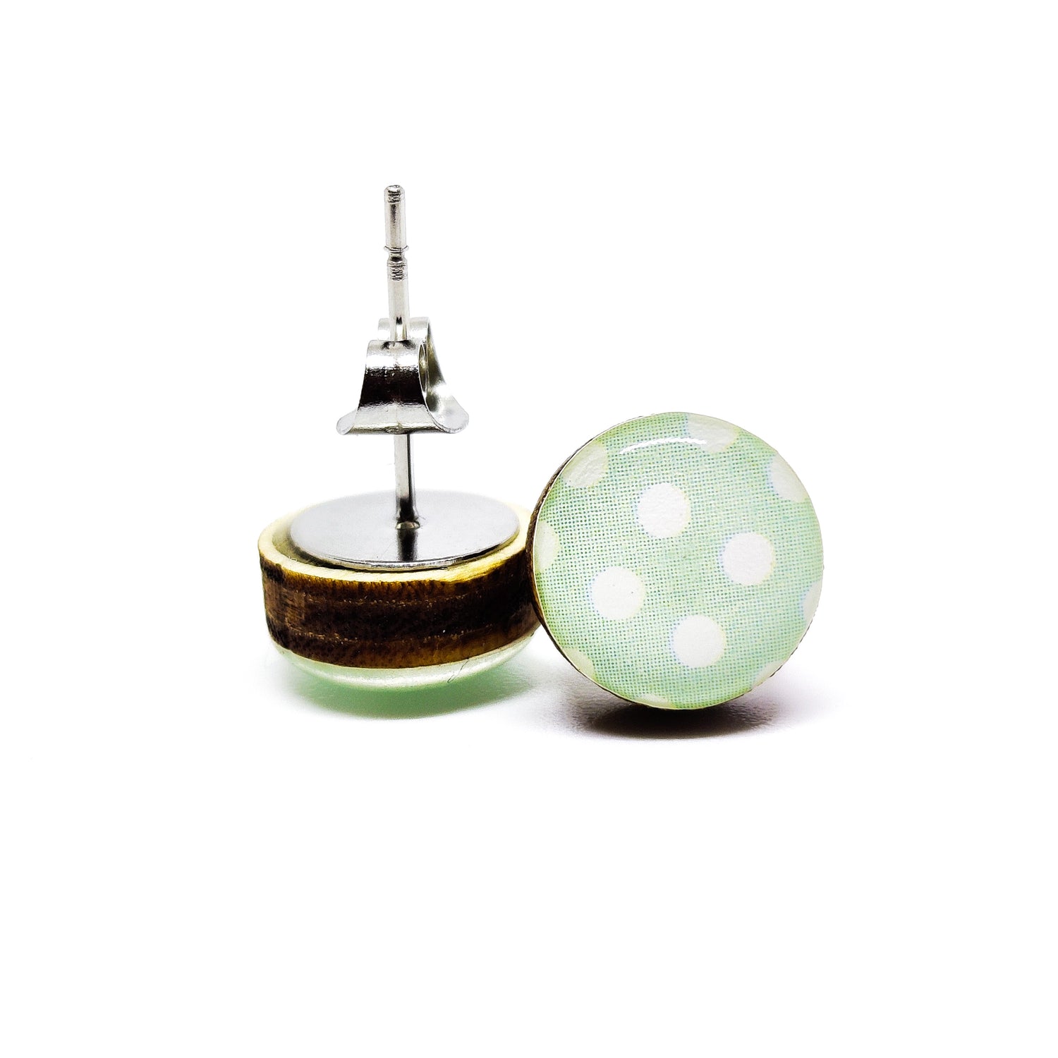 Stud Earrings, Light Mint and White Polka Dot, 10 mm, Handmade, Stainless Steel Posts for Sensitive Ears - Candi Cove Designs 