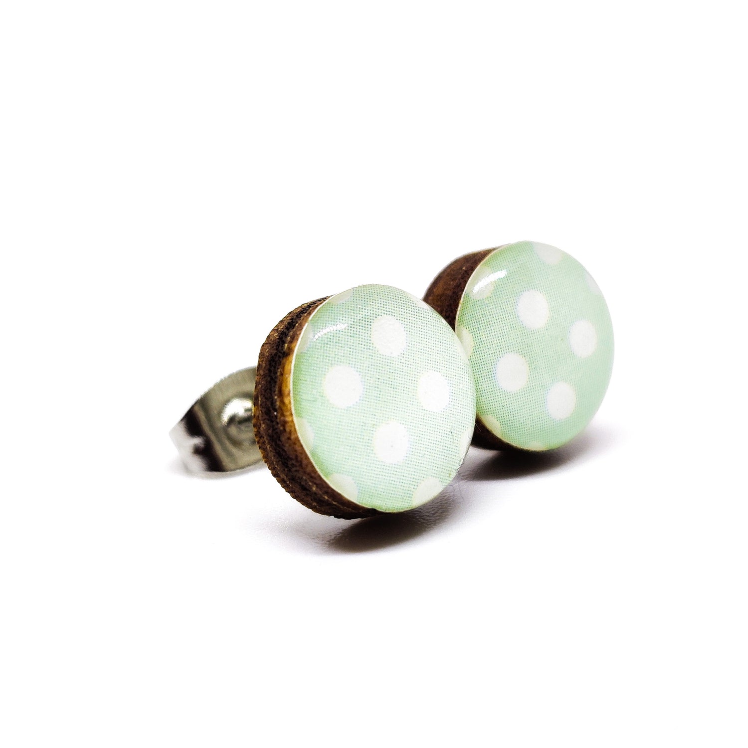 Stud Earrings, Light Mint and White Polka Dot, 10 mm, Handmade, Stainless Steel Posts for Sensitive Ears - Candi Cove Designs 
