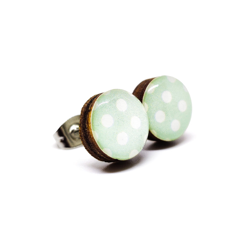 Stud Earrings, Light Mint and White Polka Dot, 10 mm, Handmade, Stainless Steel Posts for Sensitive Ears - Candi Cove Designs 