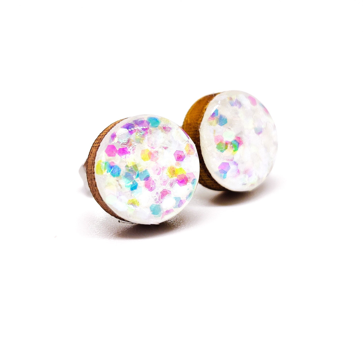 Stud Earrings, White Confetti Sparkle, 10 mm, Handmade, Stainless Steel Posts for Sensitive Ears - Candi Cove Designs 