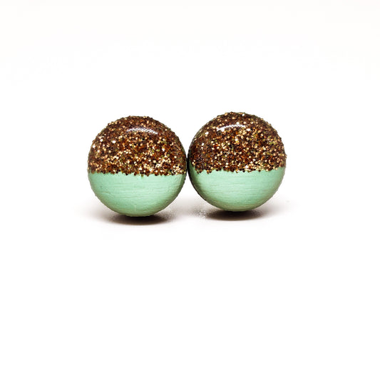 Stud Earrings, Mint and Rose Gold Sparkle, 10 mm, Handmade, Stainless Steel Posts for Sensitive Ears - Candi Cove Designs 