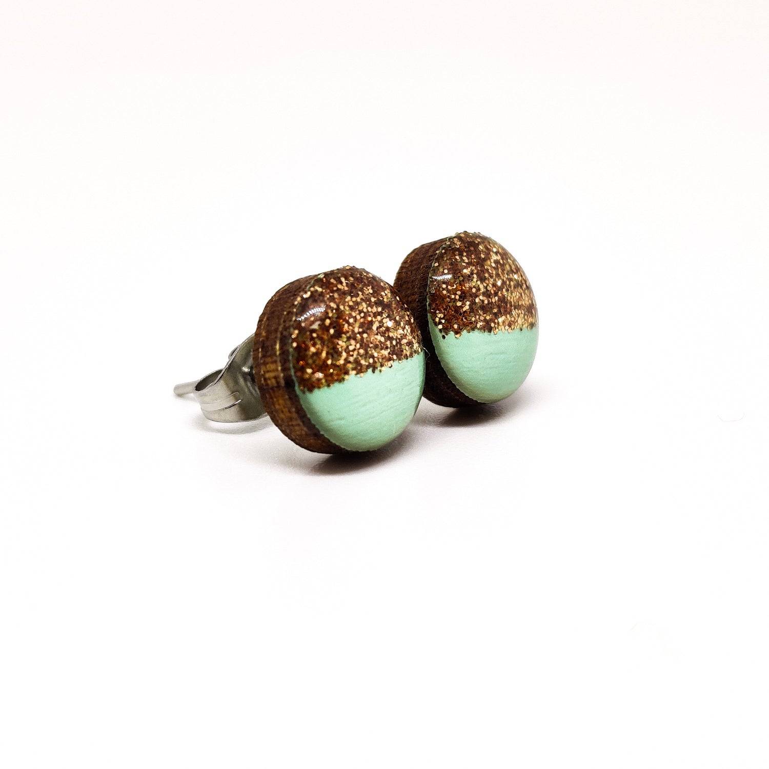 Stud Earrings, Mint and Rose Gold Sparkle, 10 mm, Handmade, Stainless Steel Posts for Sensitive Ears - Candi Cove Designs 