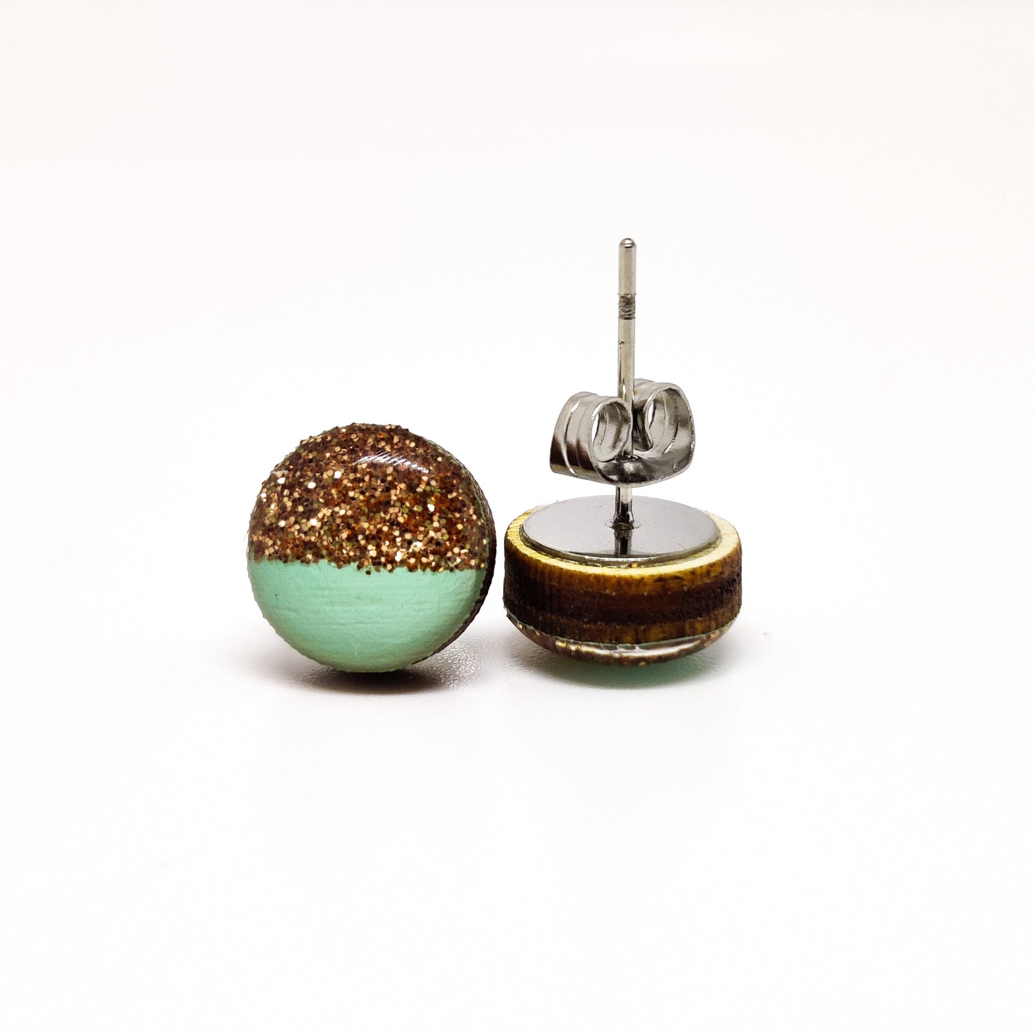 Stud Earrings, Mint and Rose Gold Sparkle, 10 mm, Handmade, Stainless Steel Posts for Sensitive Ears - Candi Cove Designs 