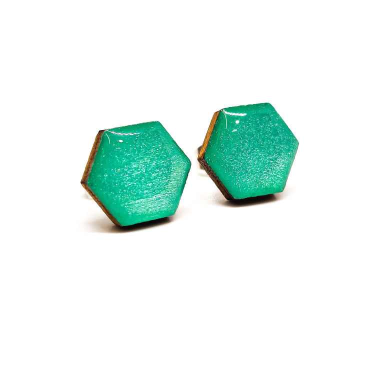 aquamarine shimmer hexagon stud earrings by candi cove designs everyday simple earrings for sensitive ears