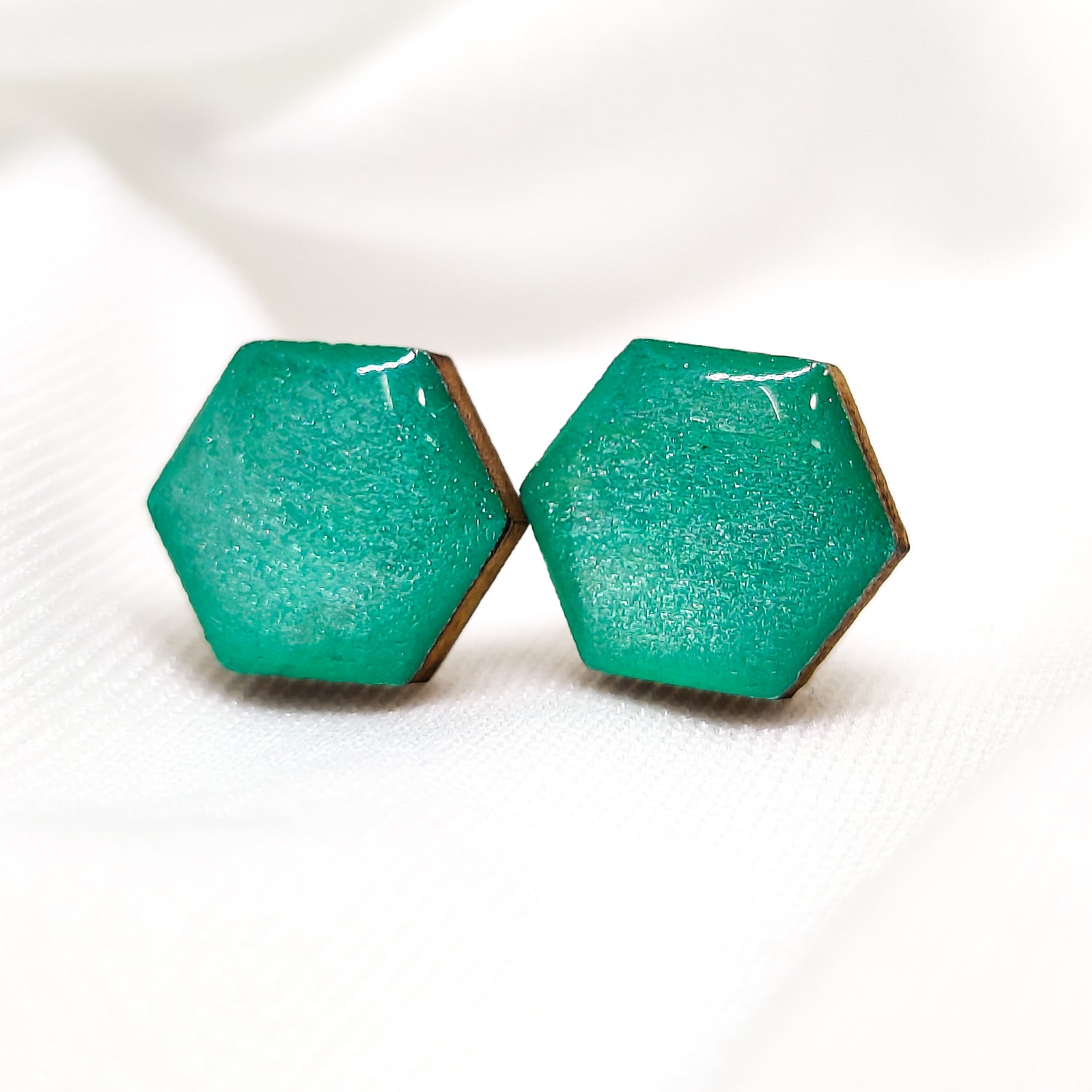 aquamarine shimmer hexagon stud earrings by candi cove designs everyday simple earrings for sensitive ears