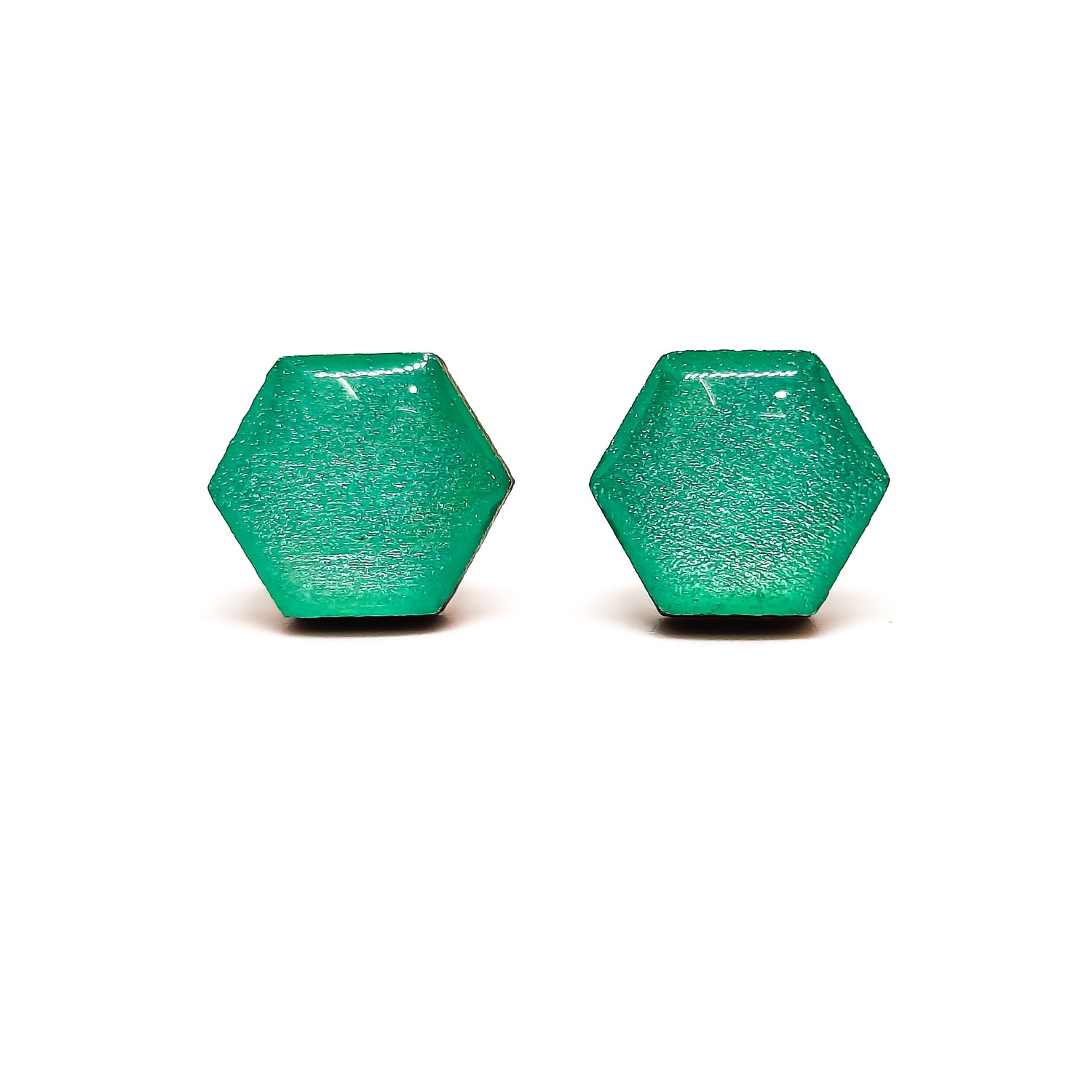 aquamarine shimmer hexagon stud earrings by candi cove designs everyday simple earrings for sensitive ears