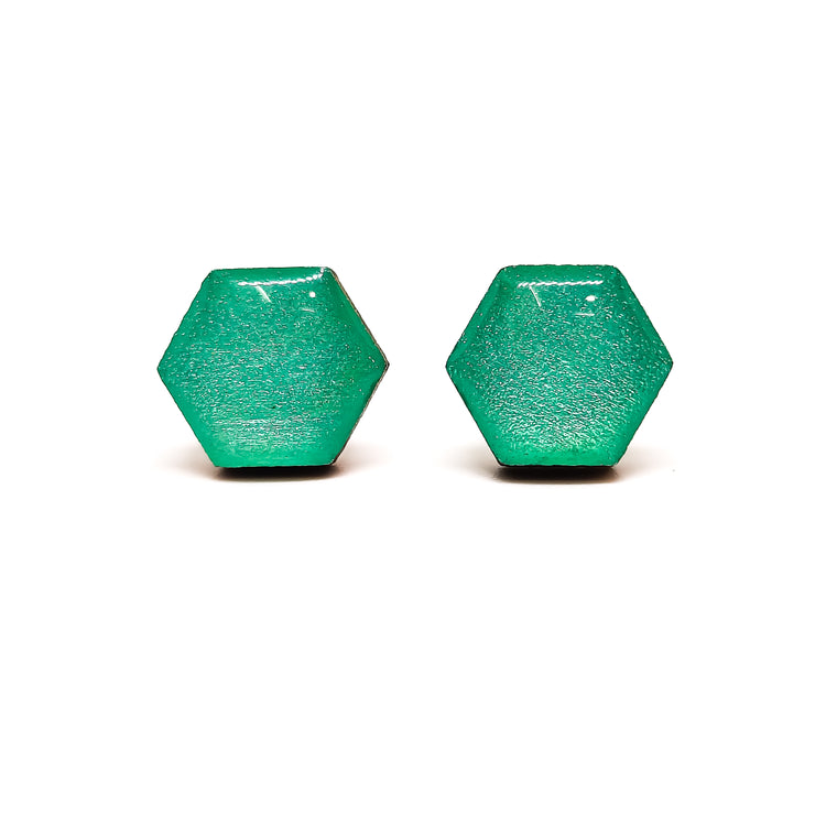 aquamarine shimmer hexagon stud earrings by candi cove designs everyday simple earrings for sensitive ears