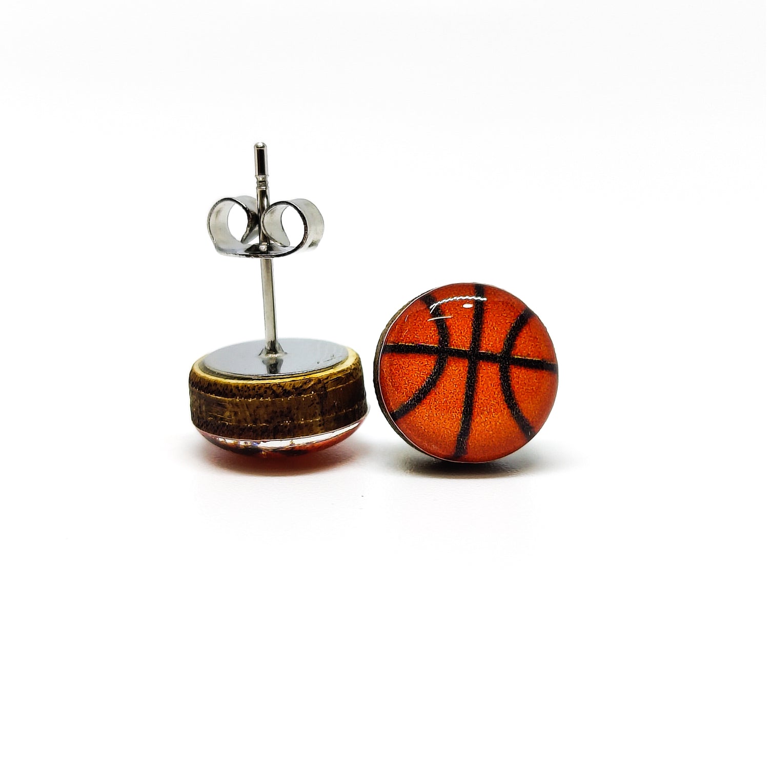 Basketball Stud Earrings | 10 mm Wood & Resin Earrings | Minimalist Simple Small | Girl Gift Women Gift | Stainless Steel Posts for Sensitive ears