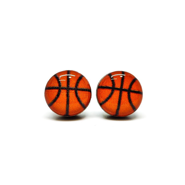 Basketball Stud Earrings | 10 mm Wood & Resin Earrings | Minimalist Simple Small | Girl Gift Women Gift | Stainless Steel Posts for Sensitive ears