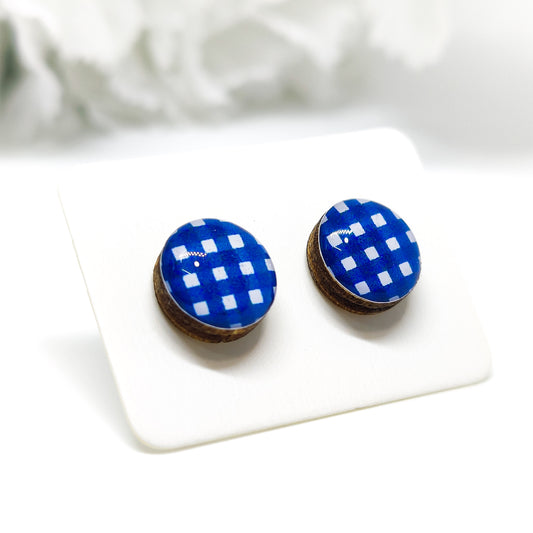 Blue and White Plaid Stud Earrings | 10 mm Wood & Resin Earrings | Minimalist Simple Small | Girl Gift Women Gift | Stainless Steel Posts for Sensitive ears