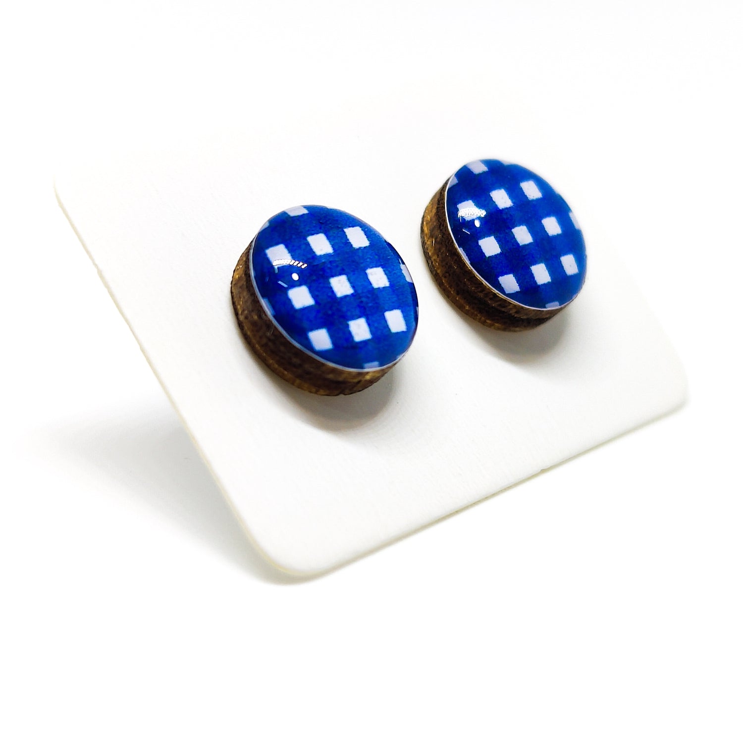 Blue and White Plaid Stud Earrings | 10 mm Wood & Resin Earrings | Minimalist Simple Small | Girl Gift Women Gift | Stainless Steel Posts for Sensitive ears