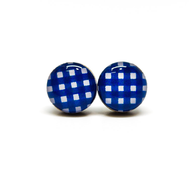 Blue and White Plaid Stud Earrings | 10 mm Wood & Resin Earrings | Minimalist Simple Small | Girl Gift Women Gift | Stainless Steel Posts for Sensitive ears