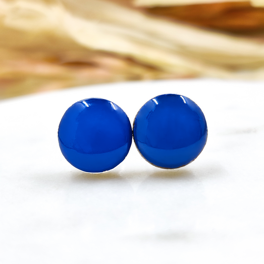 Bold Blue Stud Earrings | 10 mm Wood & Resin Earrings | Minimalist Simple Small | Girl Gift Women Gift | Stainless Steel Posts for Sensitive ears